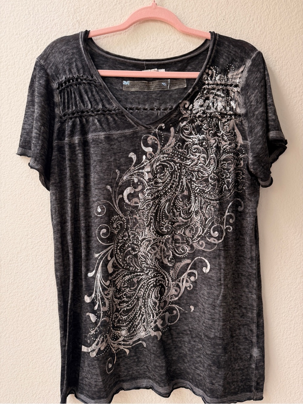 Y2K Burn Wash Rhinestone Scroll Graphic Tee Grunge Goth Top Burn Out Biker 16